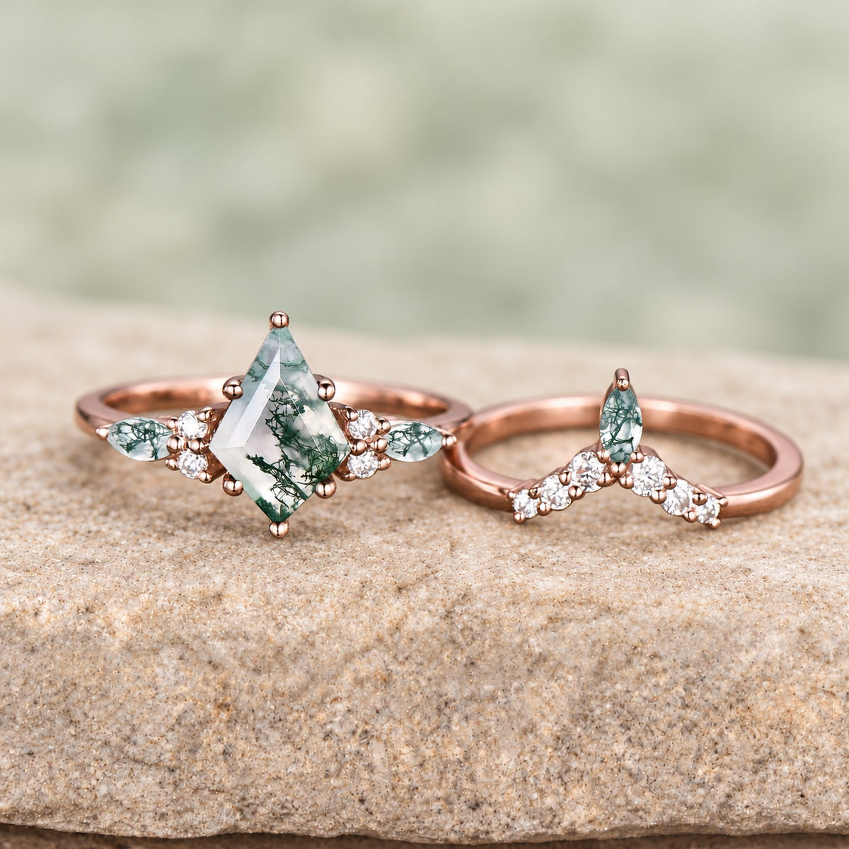 HERRINA Kite Moss Agate Six-Prong Bridal Ring Set, view 1
