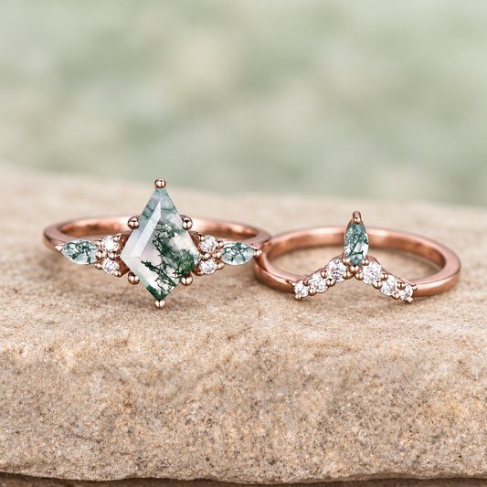 HERRINA Kite Moss Agate Six-Prong Bridal Ring Set, view 1
