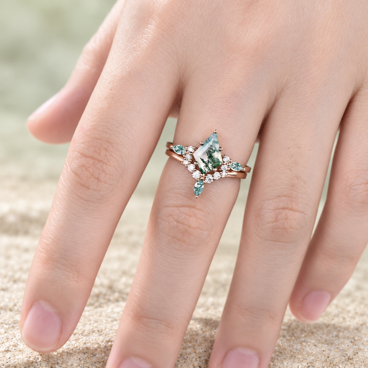 HERRINA Kite Moss Agate Six-Prong Bridal Ring Set, view 2