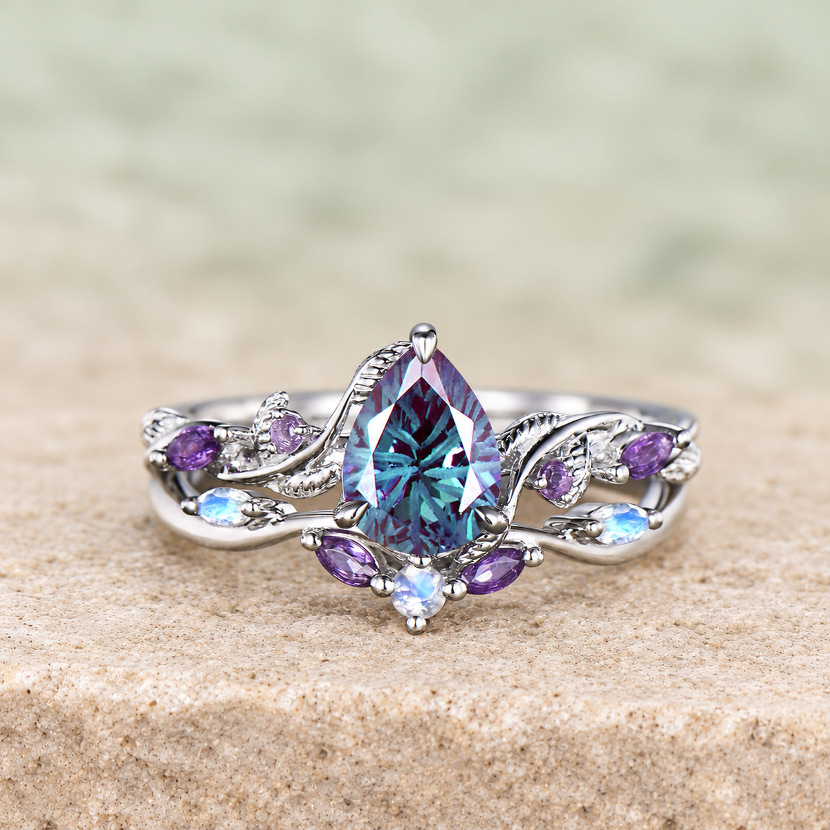 HERRINA Fireworks Cut Alexandrite Leaf Bridal Ring Set, view 1