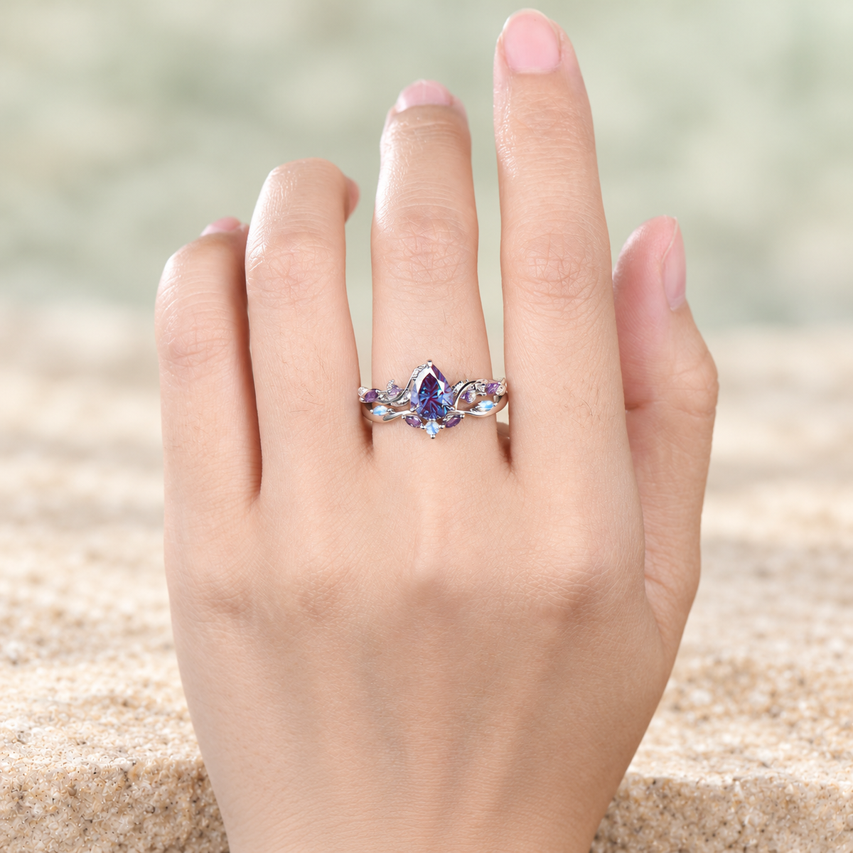 HERRINA Fireworks Cut Alexandrite Leaf Bridal Ring Set, view 2