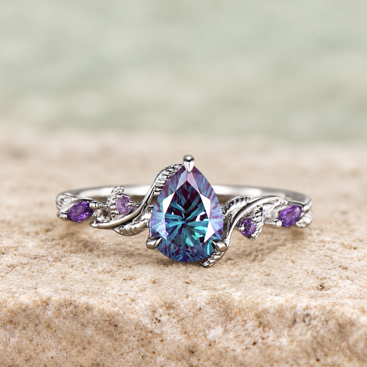 HERRINA Fireworks Cut Alexandrite Leaf Bridal Ring Set, view 3