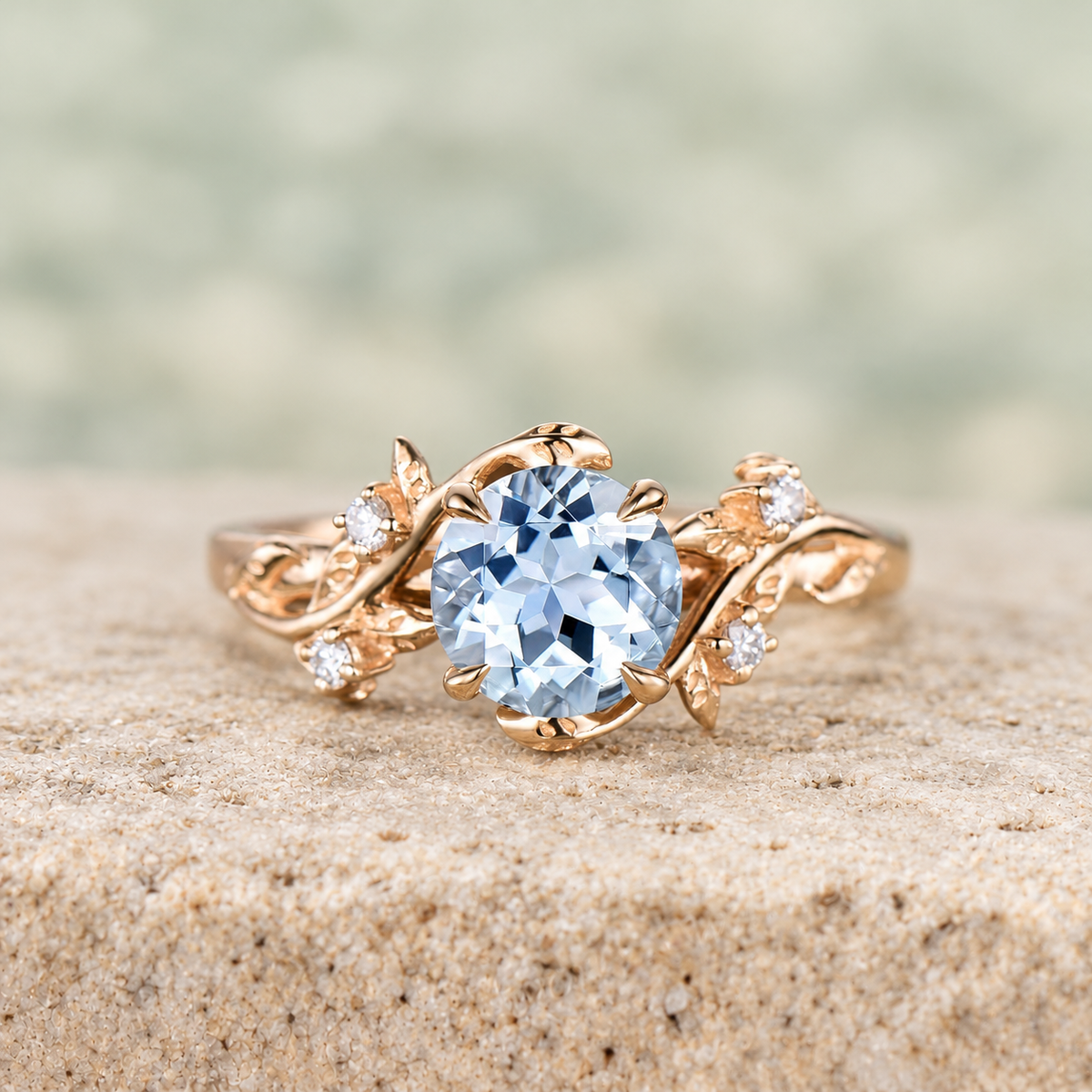 Round Aquamarine Leaf Engagement Ring — front view