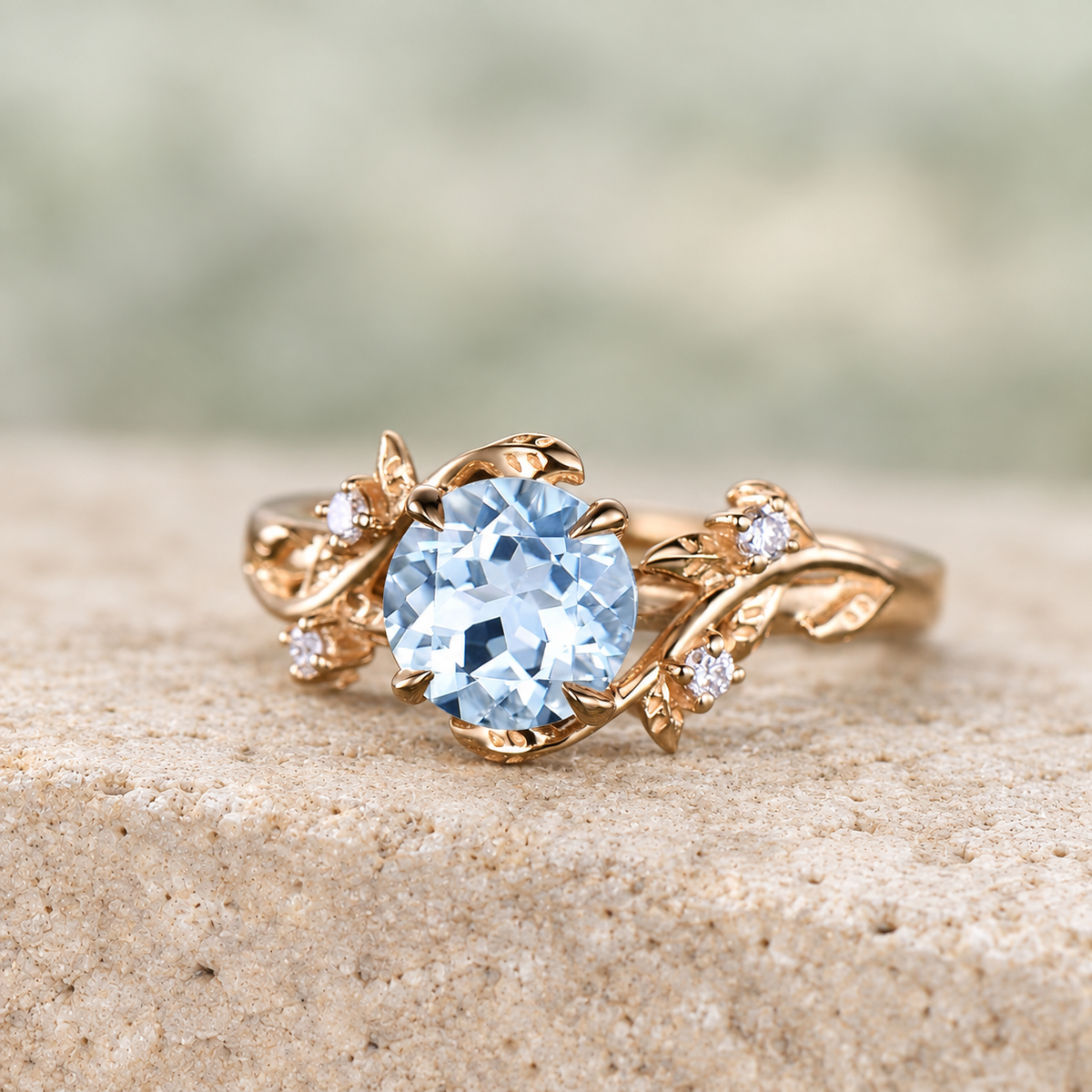 Round Aquamarine Leaf Engagement Ring — detail 2