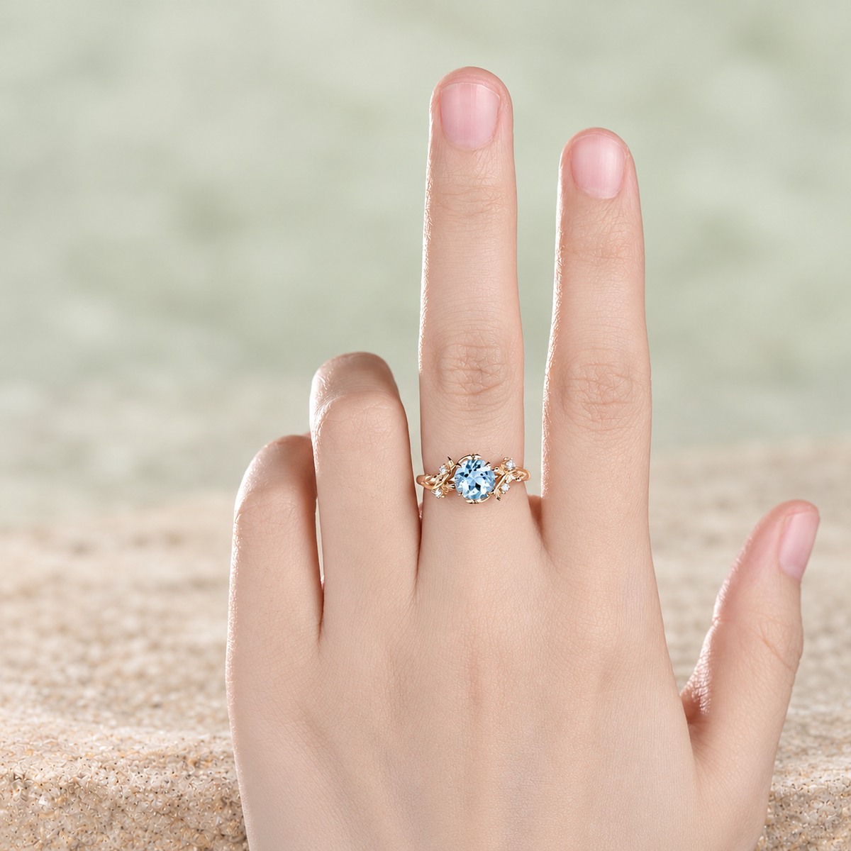 Round Aquamarine Leaf Engagement Ring — detail 3