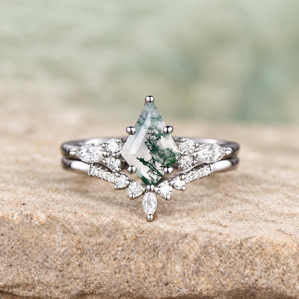Kite Moss Agate Leaf Bridal Ring Set — detail 1