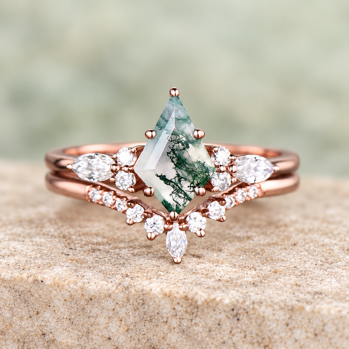 Kite Moss Agate Leaf Bridal Ring Set — detail 3