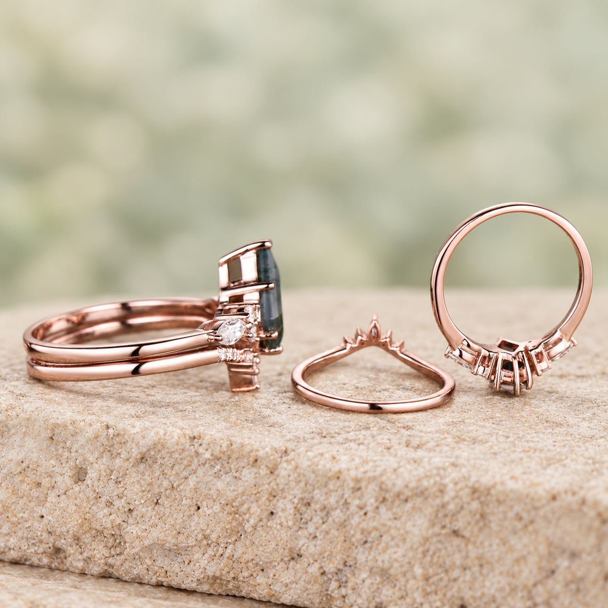 Kite Moss Agate Leaf Bridal Ring Set — detail 4