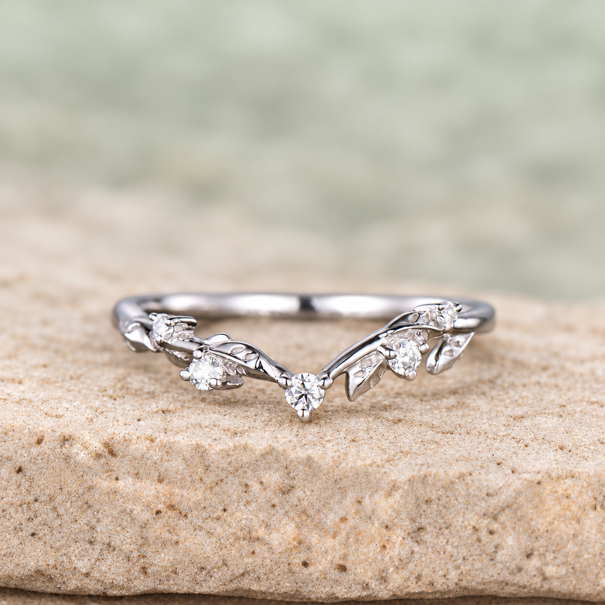 Five-Stone Leaf Wedding Band — front view