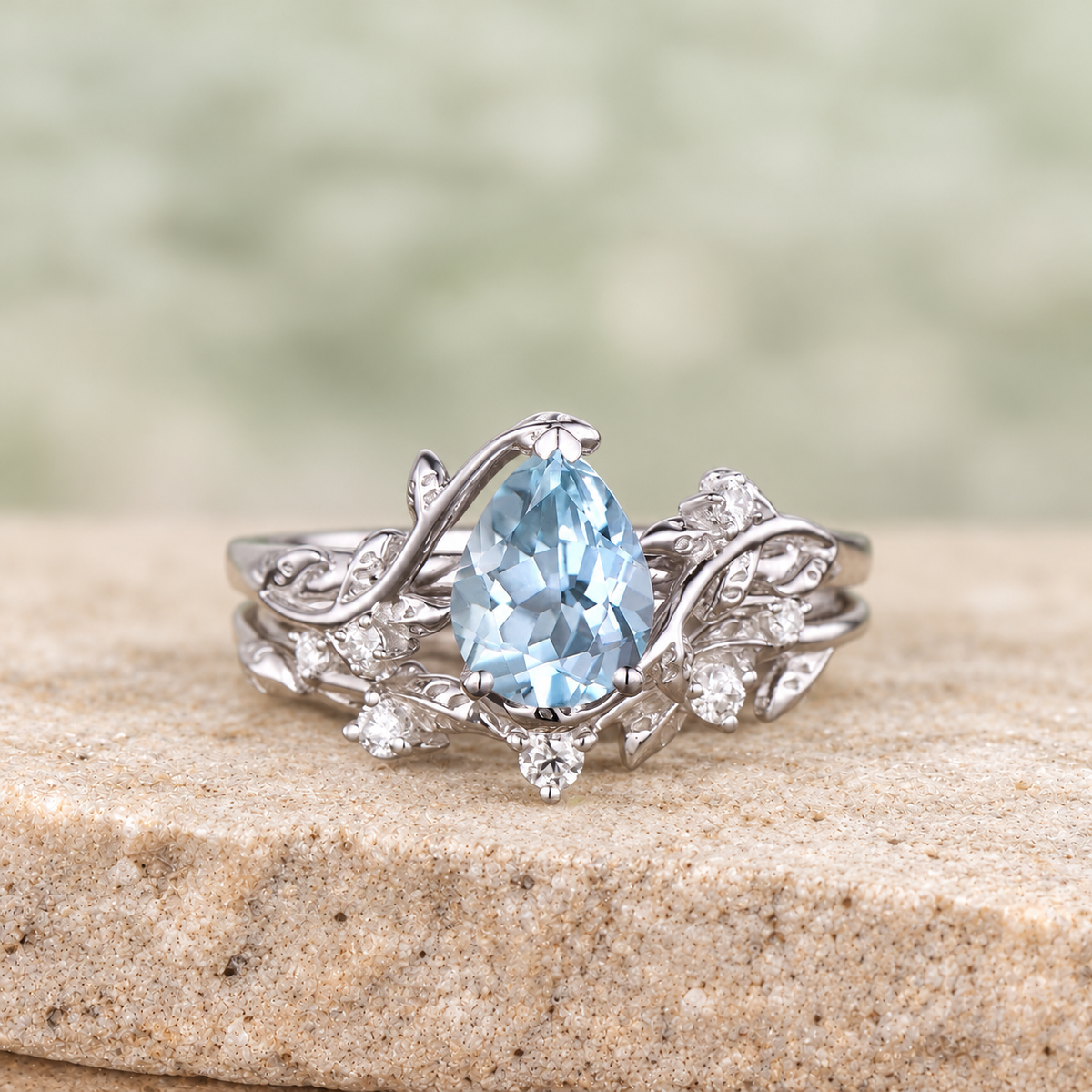 Pear Aquamarine Leaf Bridal Ring Set — front view