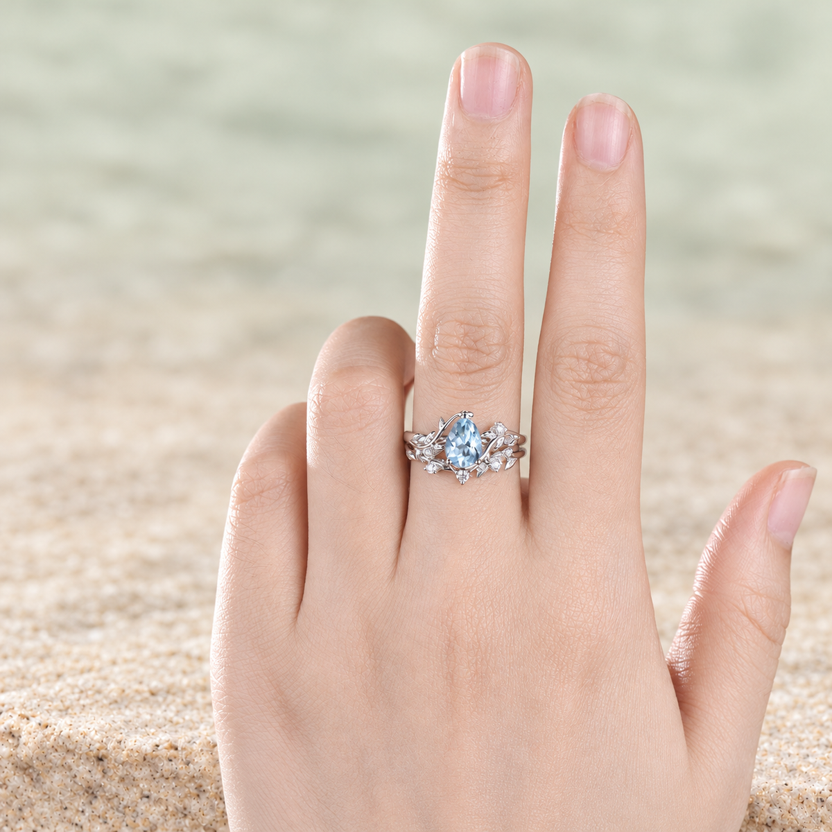 Pear Aquamarine Leaf Bridal Ring Set — detail 3