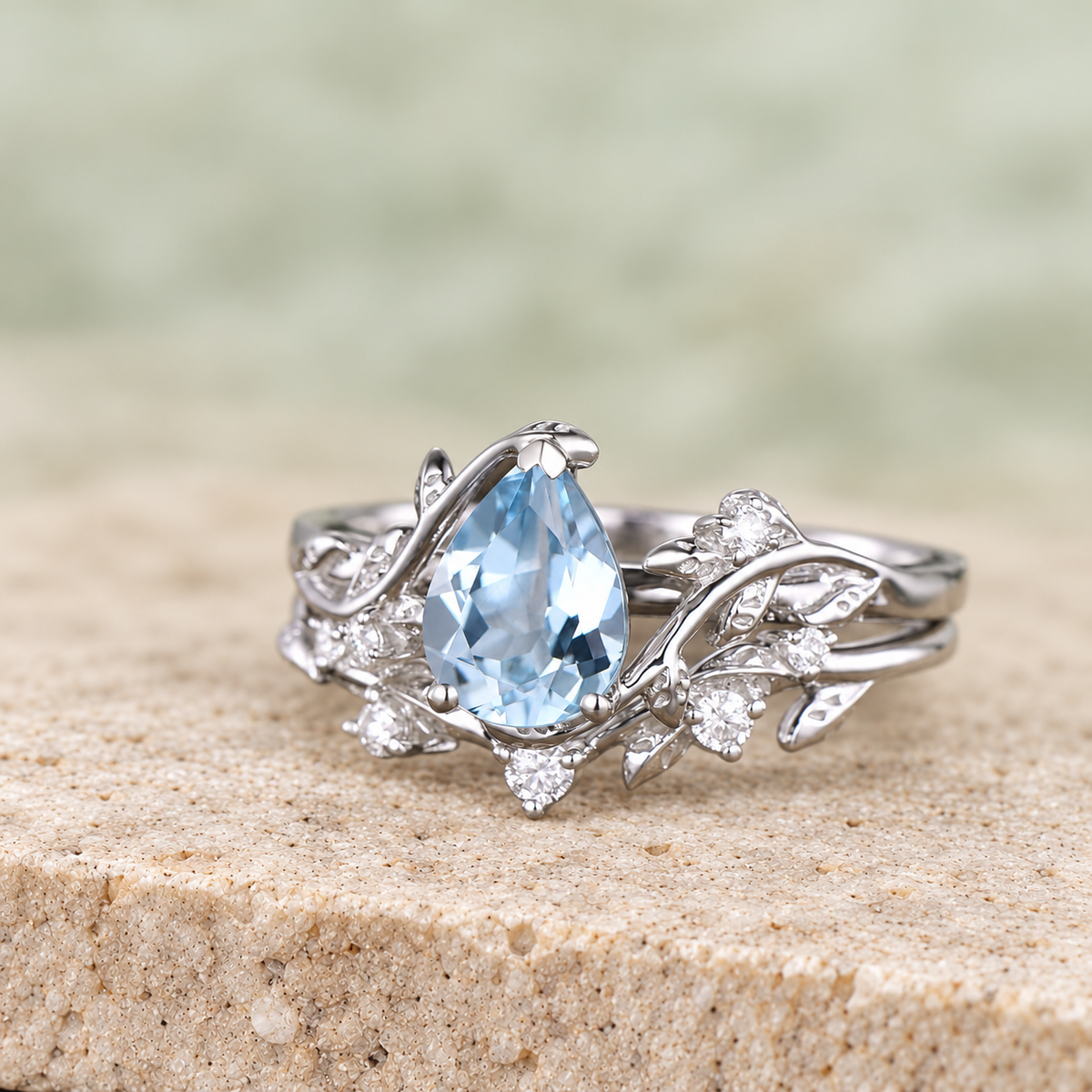 Pear Aquamarine Leaf Bridal Ring Set — detail 4