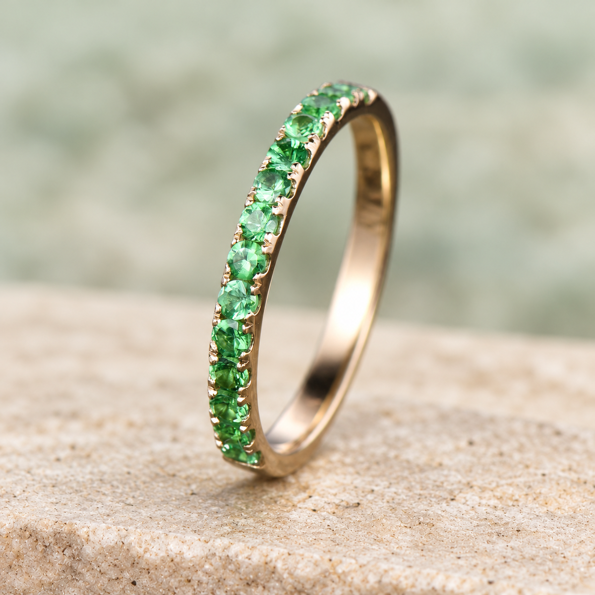 Green Tsavorite Half-Eternity Wedding Band — front view