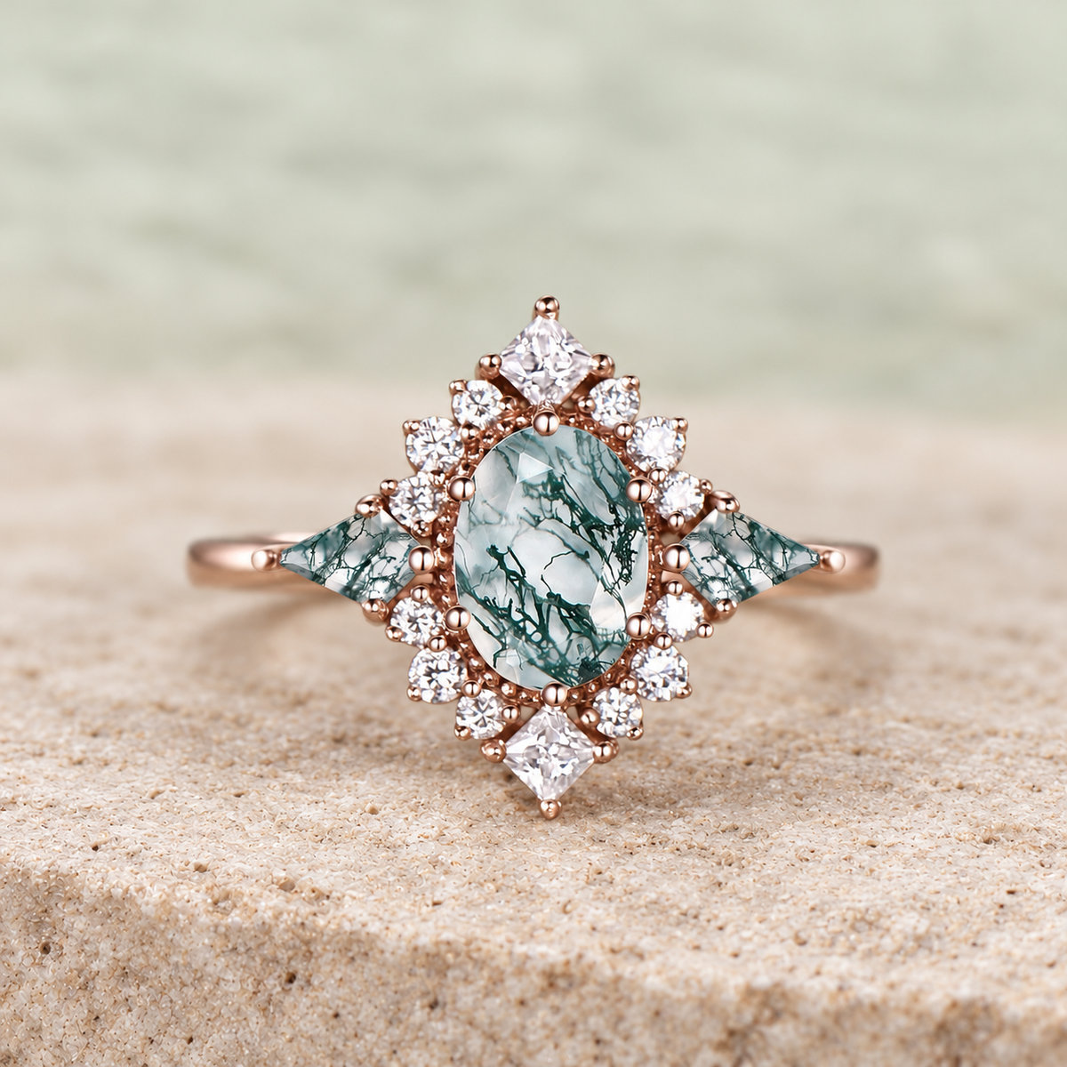 Oval Moss Agate Halo Engagement Ring — front view