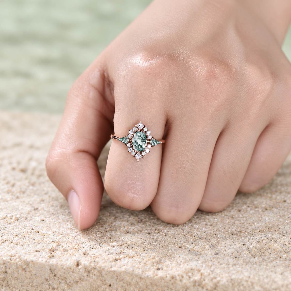 Oval Moss Agate Halo Engagement Ring — detail 2