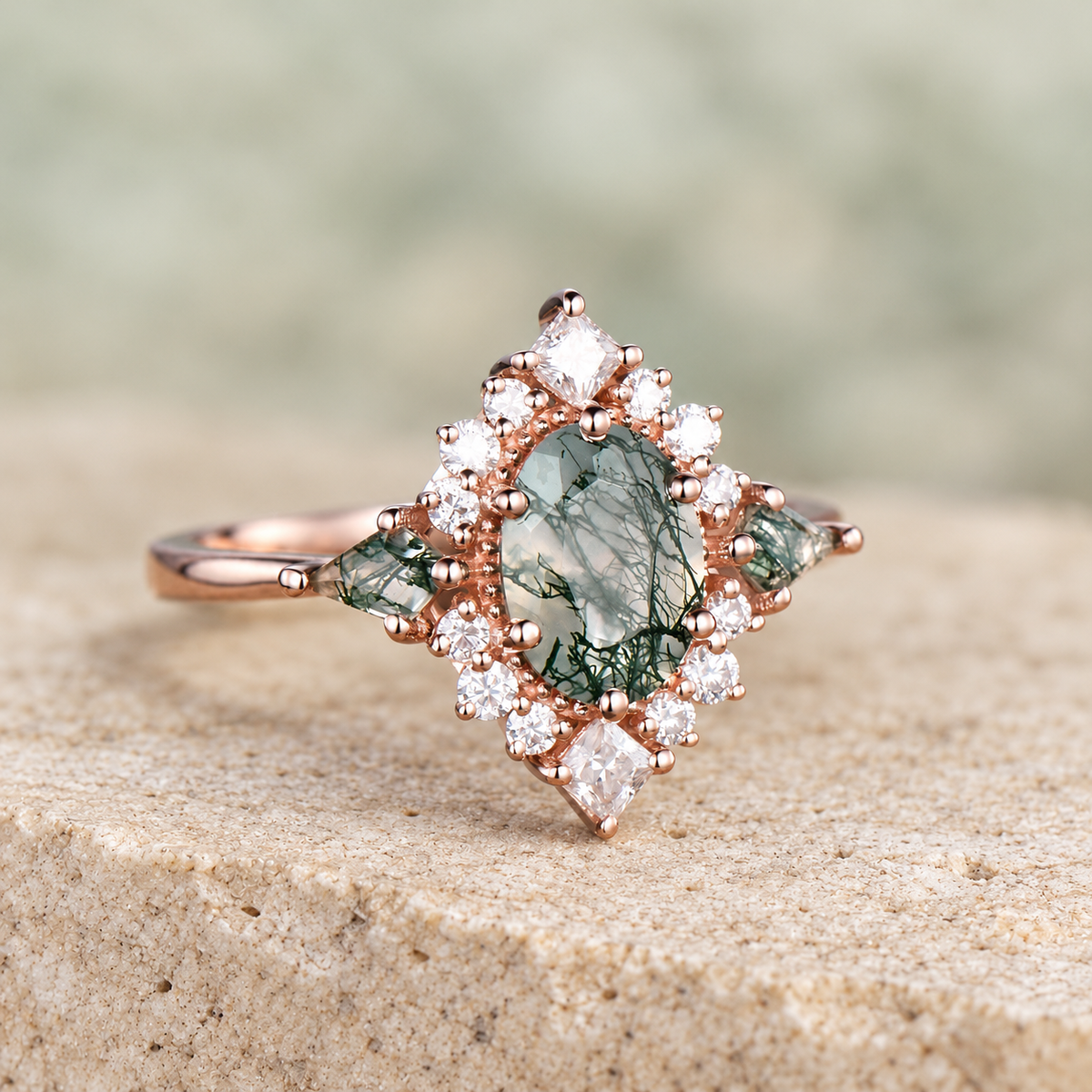 Oval Moss Agate Halo Engagement Ring — detail 3