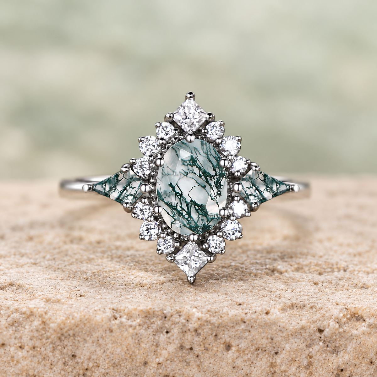 Oval Moss Agate Halo Engagement Ring — detail 4