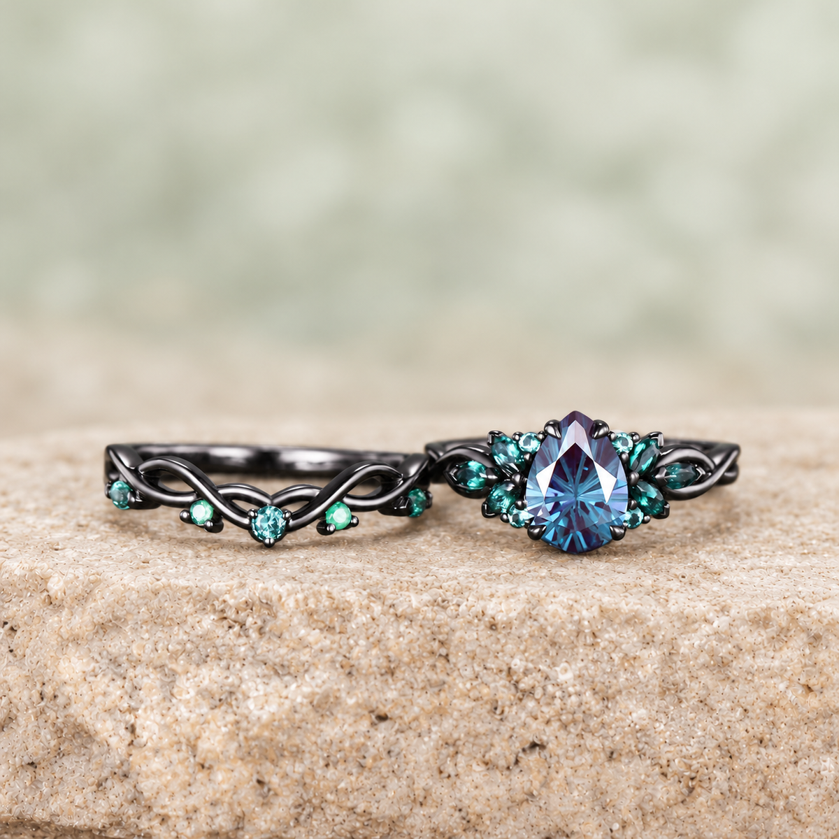 Pear Fireworks Alexandrite Infinity Bridal Ring Set — detail 2