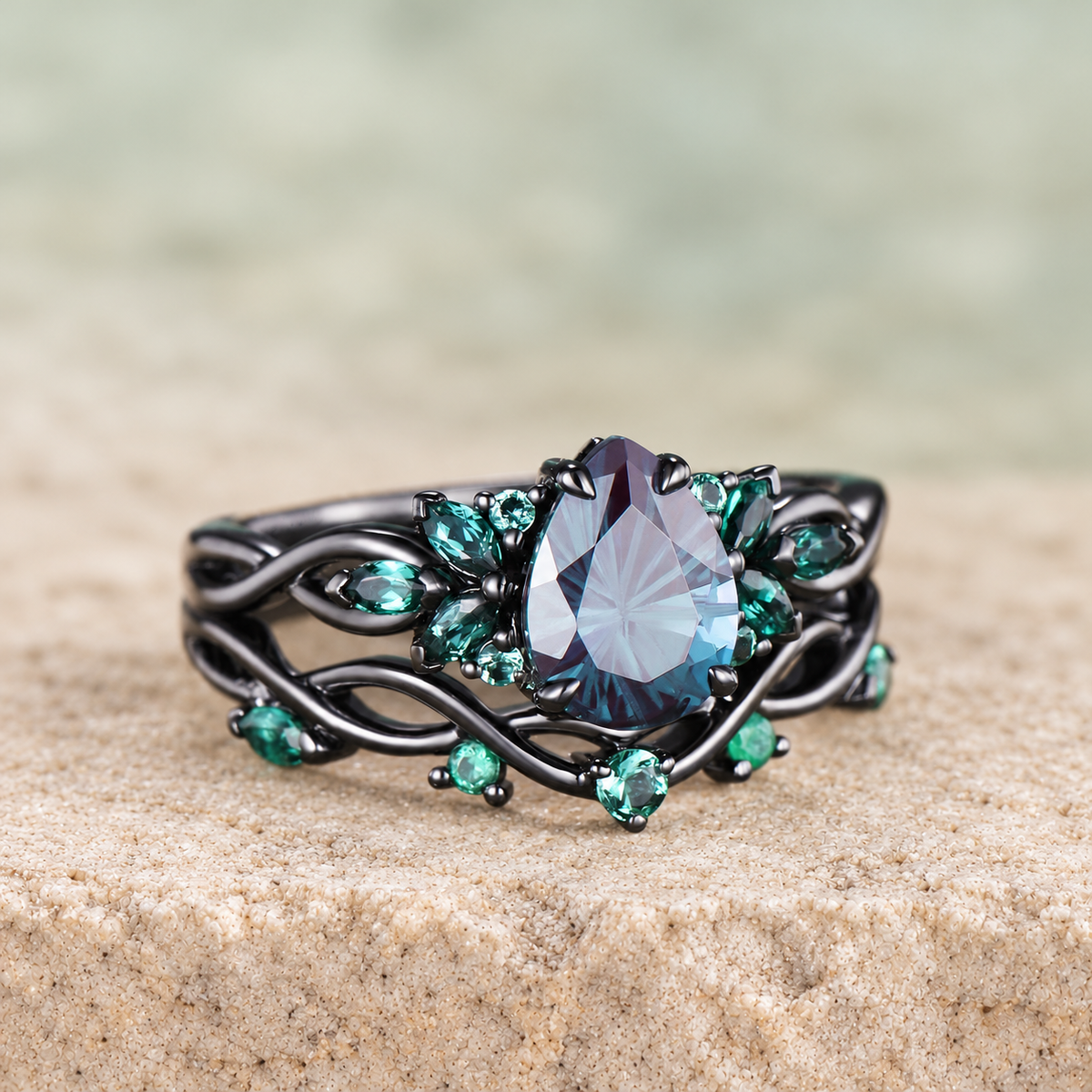 Pear Fireworks Alexandrite Infinity Bridal Ring Set — detail 3