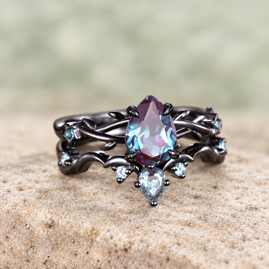 Pear Alexandrite Moon & Star Bridal Ring Set — front view
