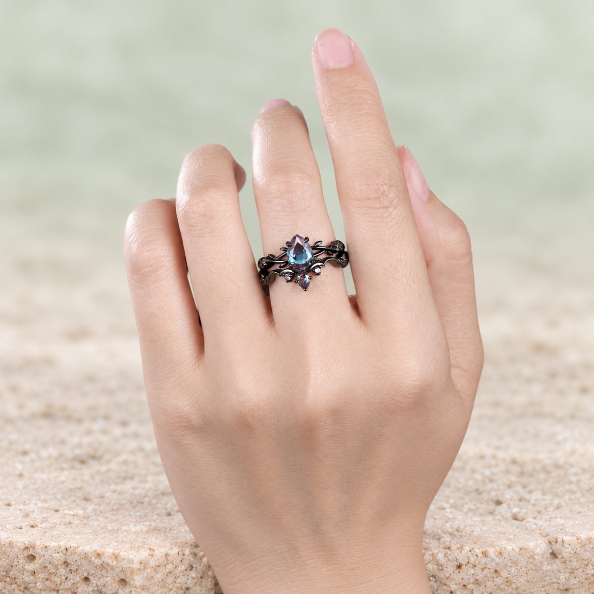 Pear Alexandrite Moon & Star Bridal Ring Set — detail 4