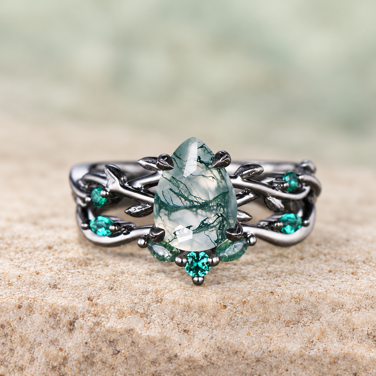 Pear Moss Agate Emerald Twig Bridal Ring Set — front view