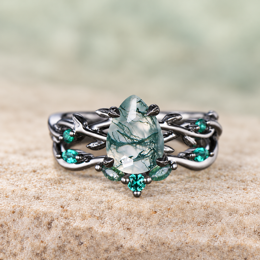 Pear Moss Agate Emerald Twig Bridal Ring Set — front view