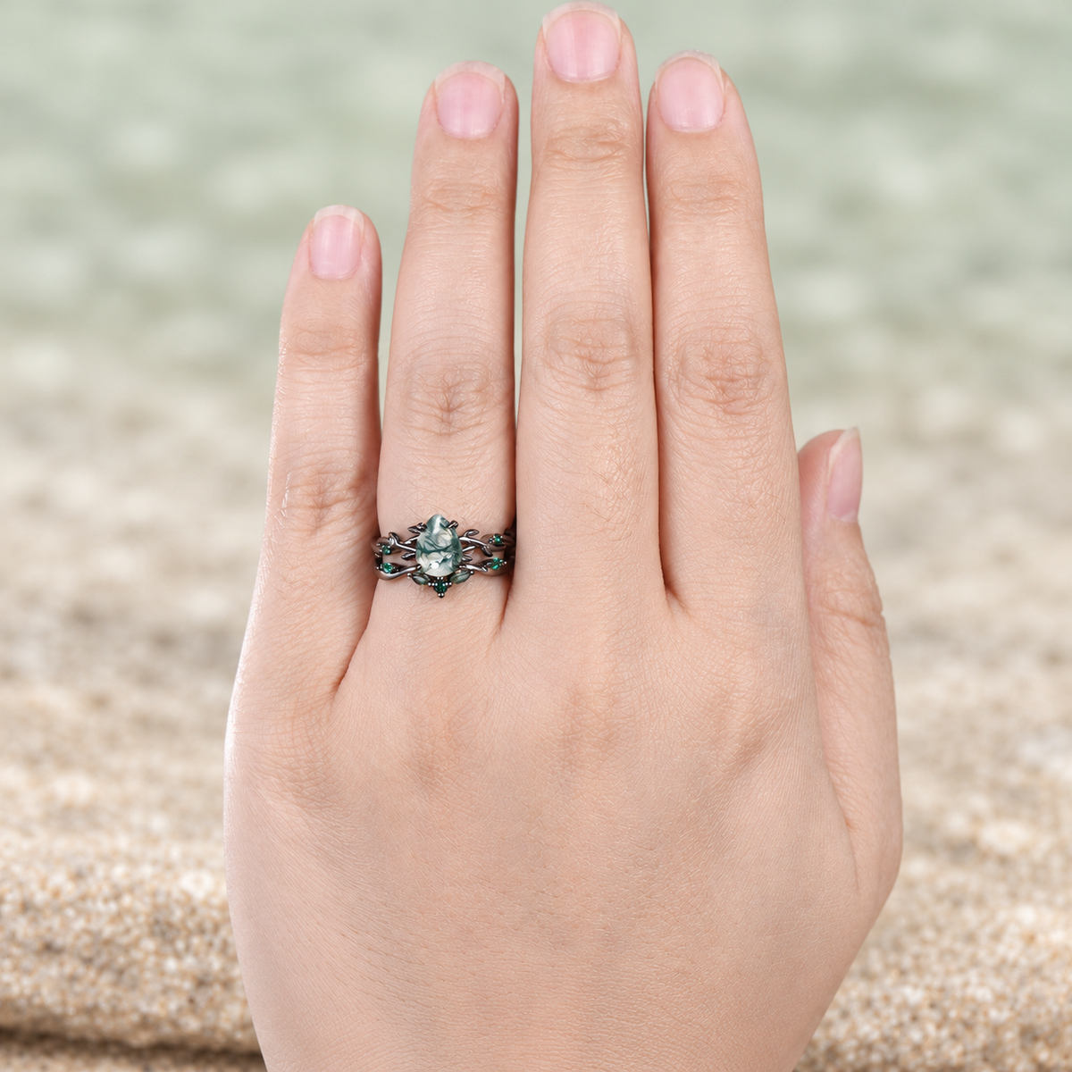 Pear Moss Agate Emerald Twig Bridal Ring Set — detail 3