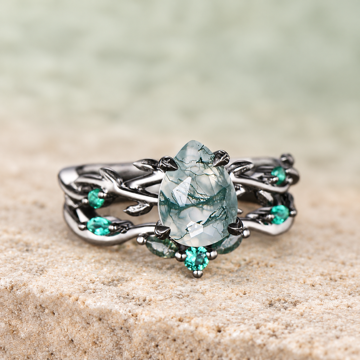 Pear Moss Agate Emerald Twig Bridal Ring Set — detail 4