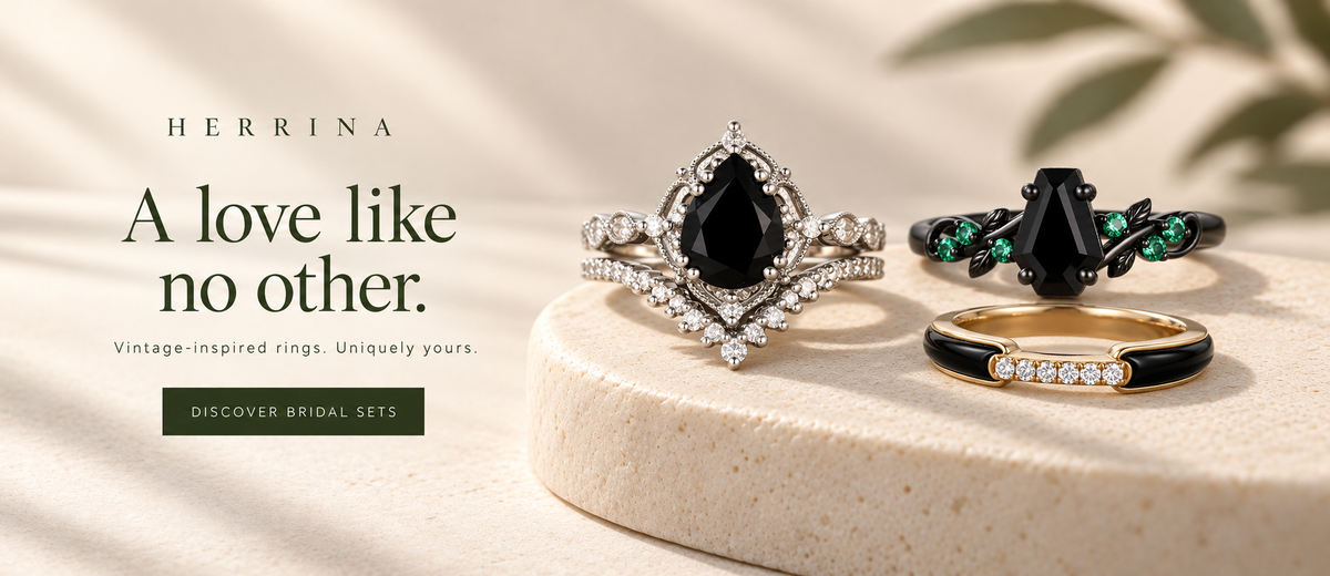 HERRINA. A love like no other. Vintage-inspired rings. Uniquely yours. Discover bridal sets: pear black onyx bridal set, coffin black onyx ring and half eternity band.