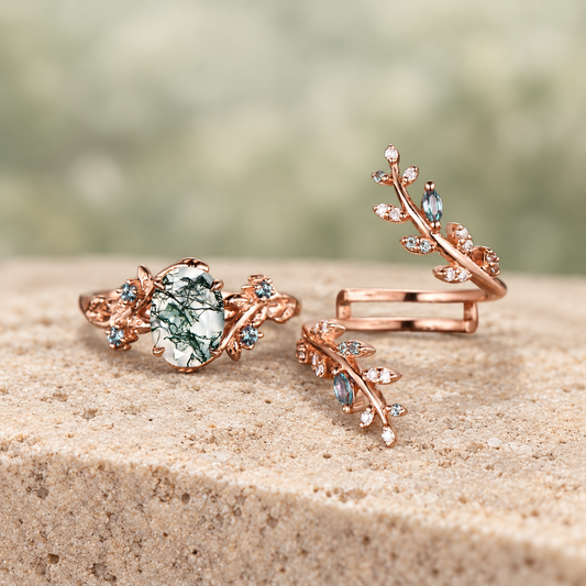 Oval Moss Agate & Alexandrite Twig Bridal Ring Set — front view