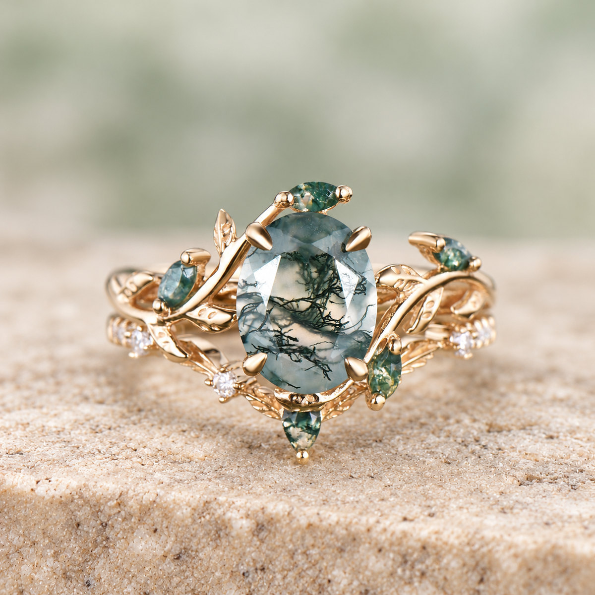 HERRINA Oval Moss Agate Antique Bridal Ring Set, view 1