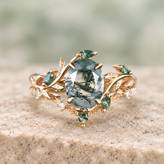 HERRINA Oval Moss Agate Antique Bridal Ring Set, view 1