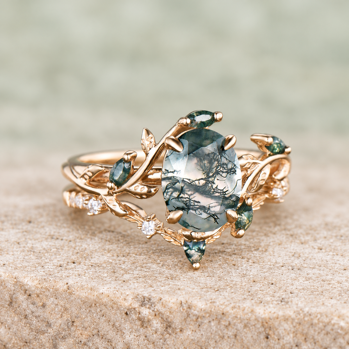 HERRINA Oval Moss Agate Antique Bridal Ring Set, view 2