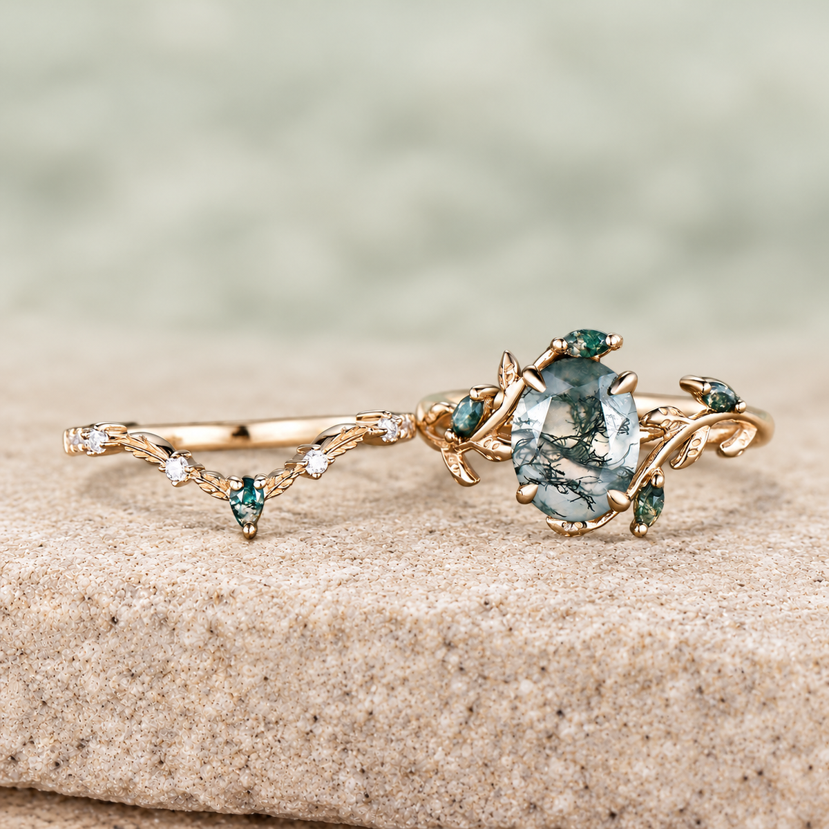HERRINA Oval Moss Agate Antique Bridal Ring Set, view 3