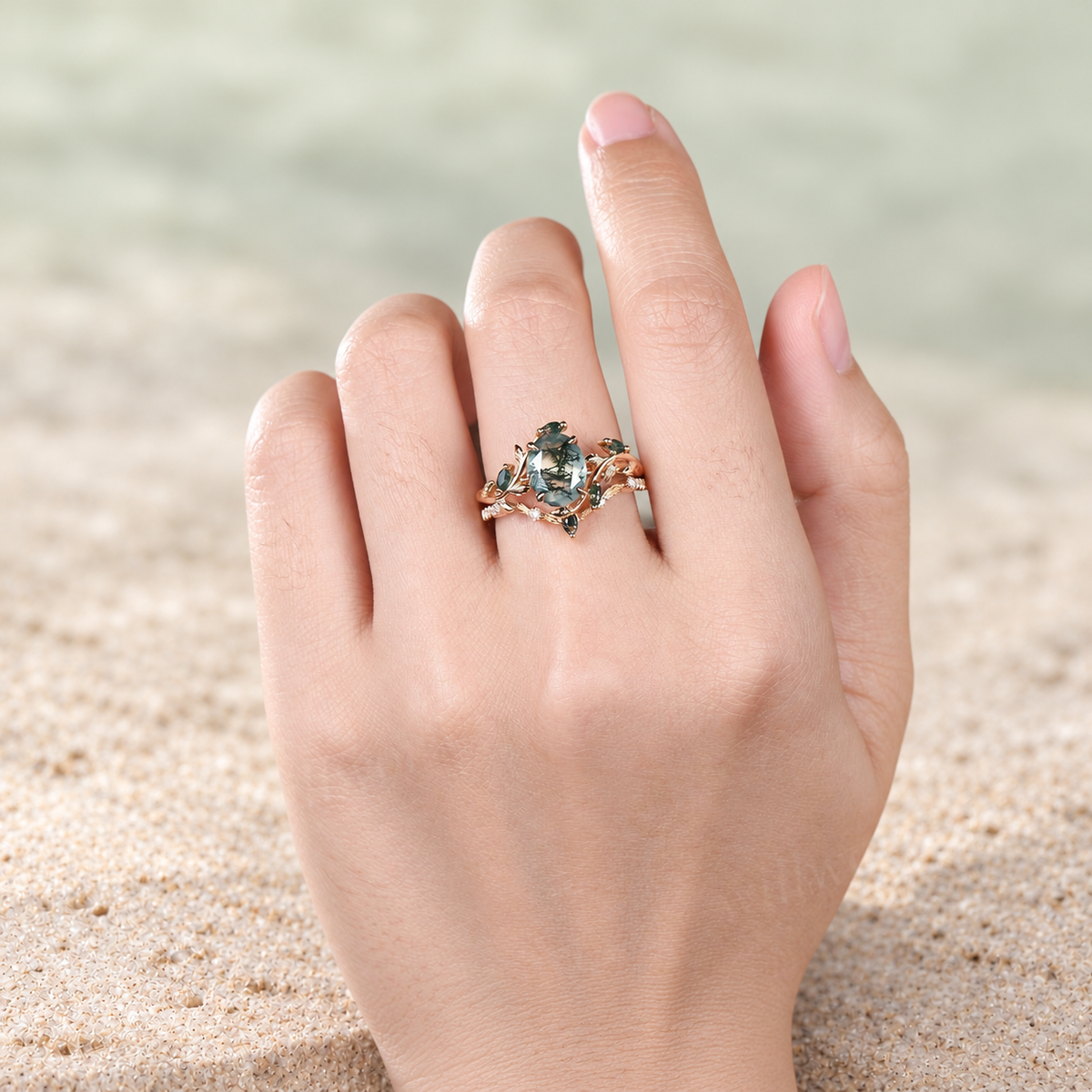 HERRINA Oval Moss Agate Antique Bridal Ring Set, view 4