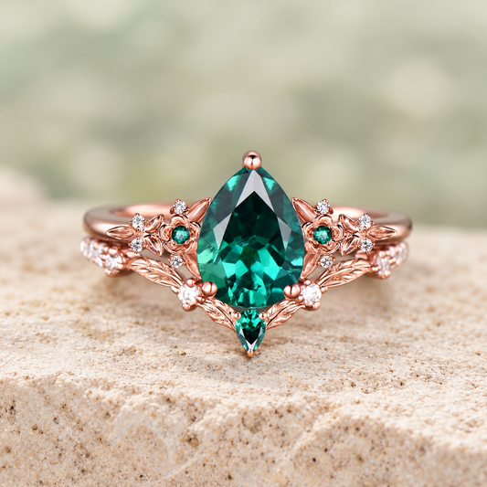 HERRINA Pear Emerald Floral Leaf Bridal Ring Set, view 1