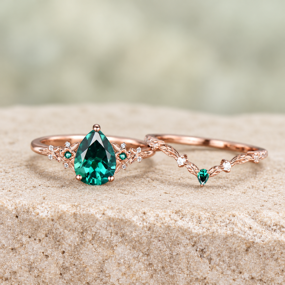 HERRINA Pear Emerald Floral Leaf Bridal Ring Set, view 2