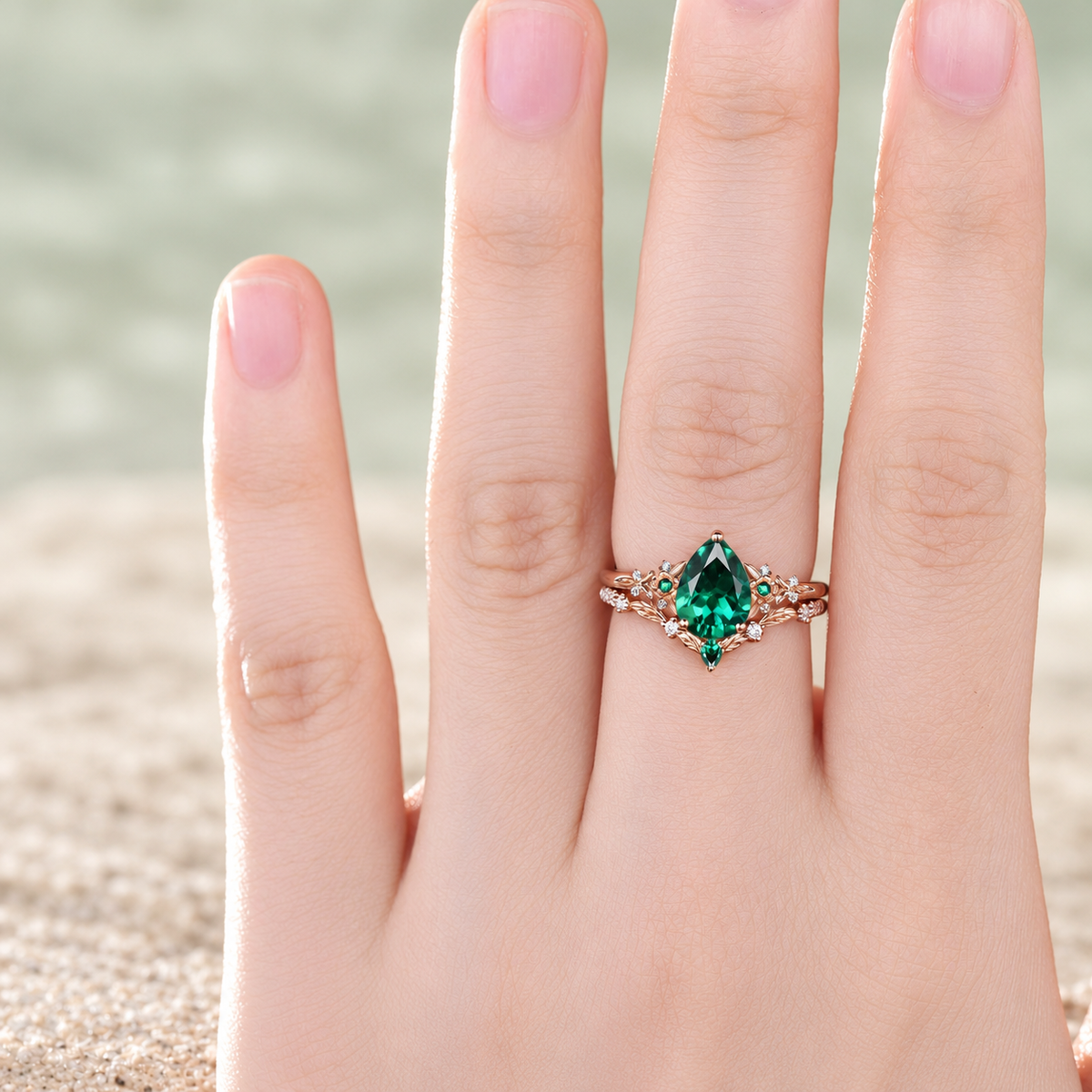 HERRINA Pear Emerald Floral Leaf Bridal Ring Set, view 3