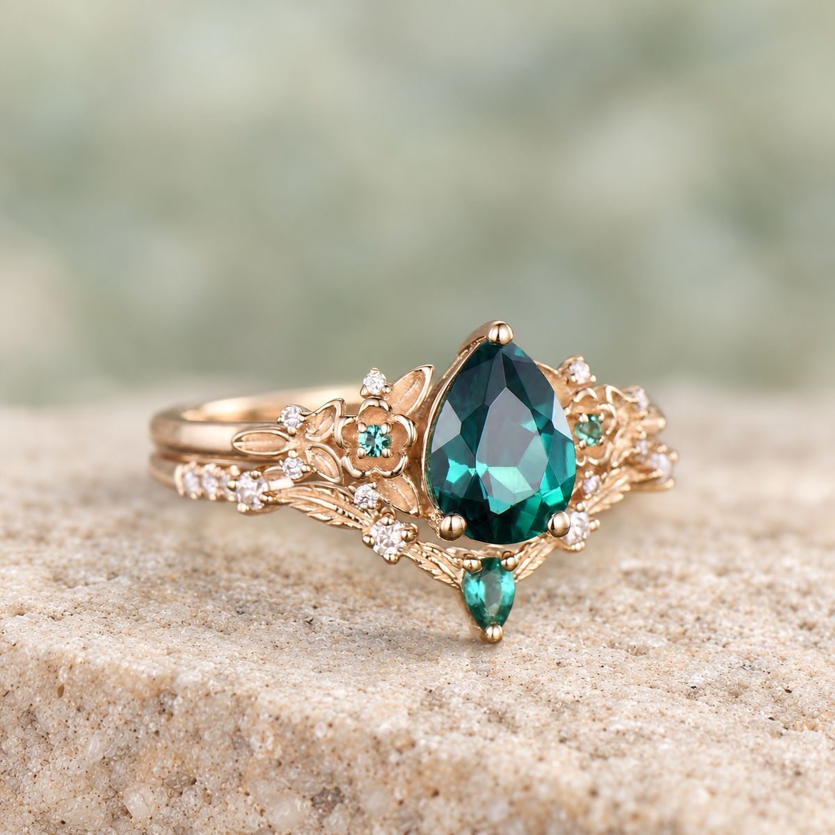 HERRINA Pear Emerald Floral Leaf Bridal Ring Set, view 4