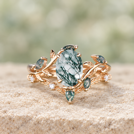 HERRINA Oval Moss Agate Leaf Bridal Ring Set, view 1