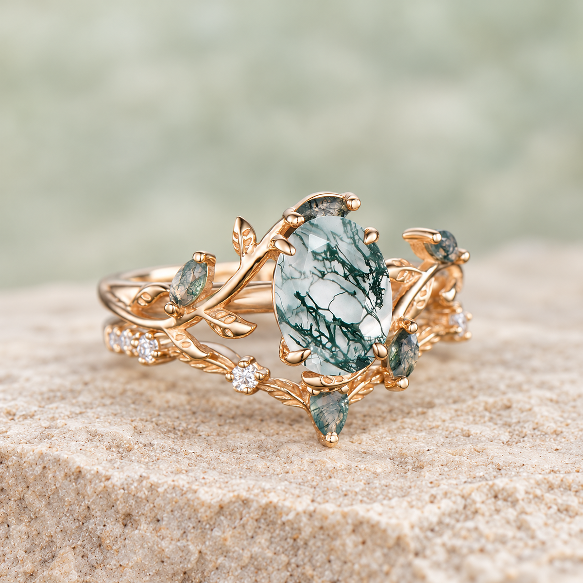HERRINA Oval Moss Agate Leaf Bridal Ring Set, view 2