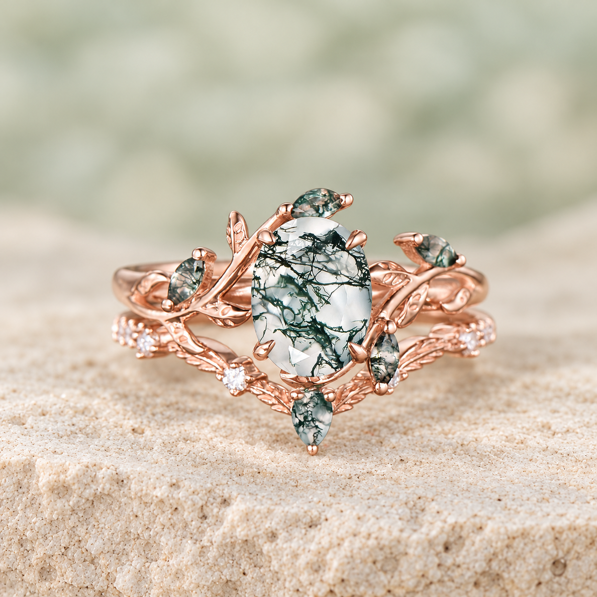 HERRINA Oval Moss Agate Leaf Bridal Ring Set, view 3