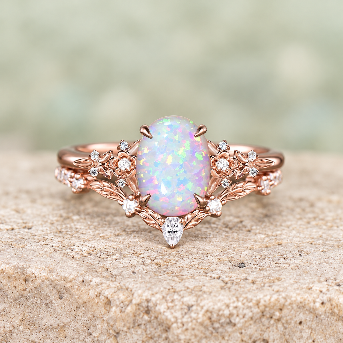 Oval White Opal Floral Bridal Ring Set — detail 1