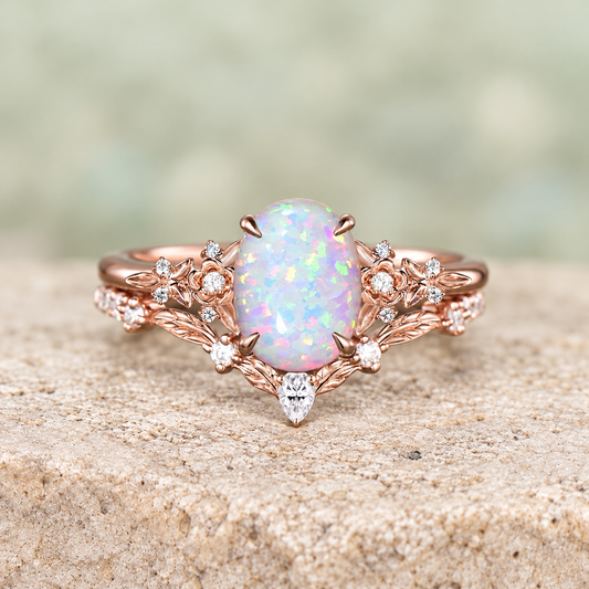 Oval White Opal Floral Bridal Ring Set — detail 1