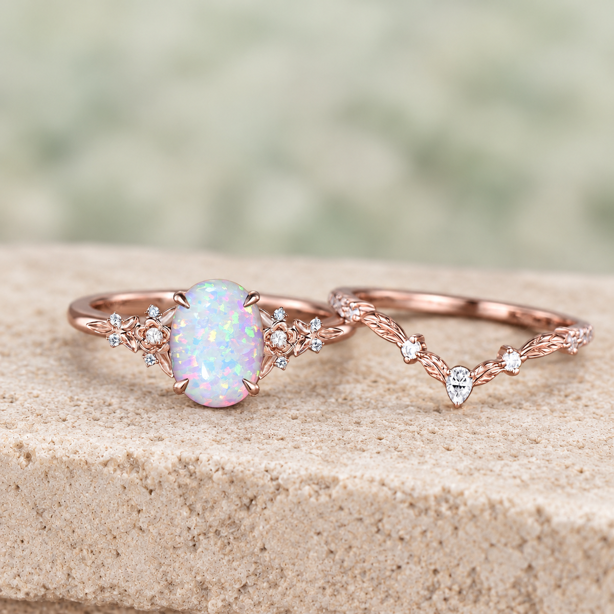 Oval White Opal Floral Bridal Ring Set — detail 2