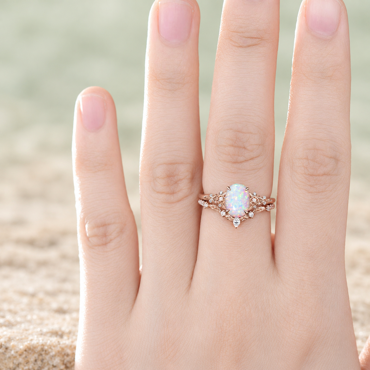Oval White Opal Floral Bridal Ring Set — detail 3