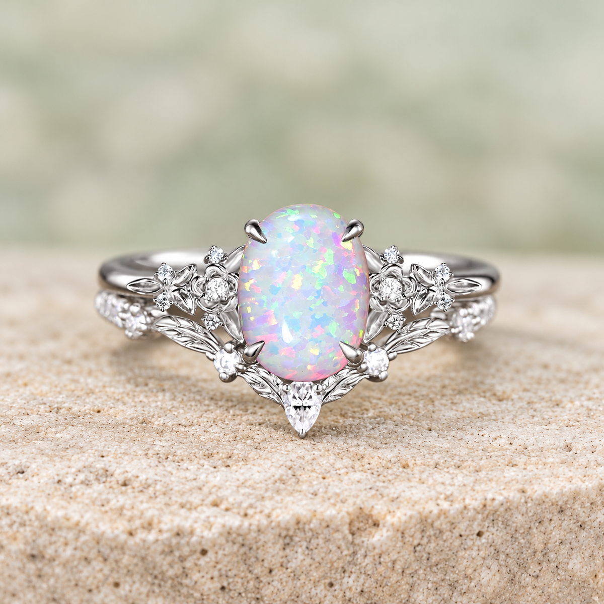 Oval White Opal Floral Bridal Ring Set — detail 4