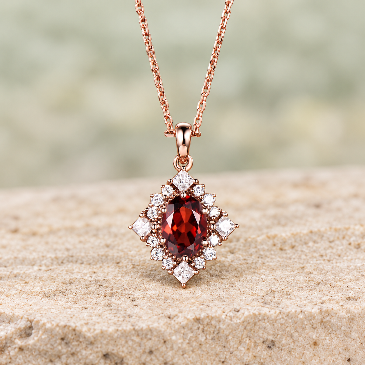 Oval Red Garnet Halo Pendant Necklace — front view