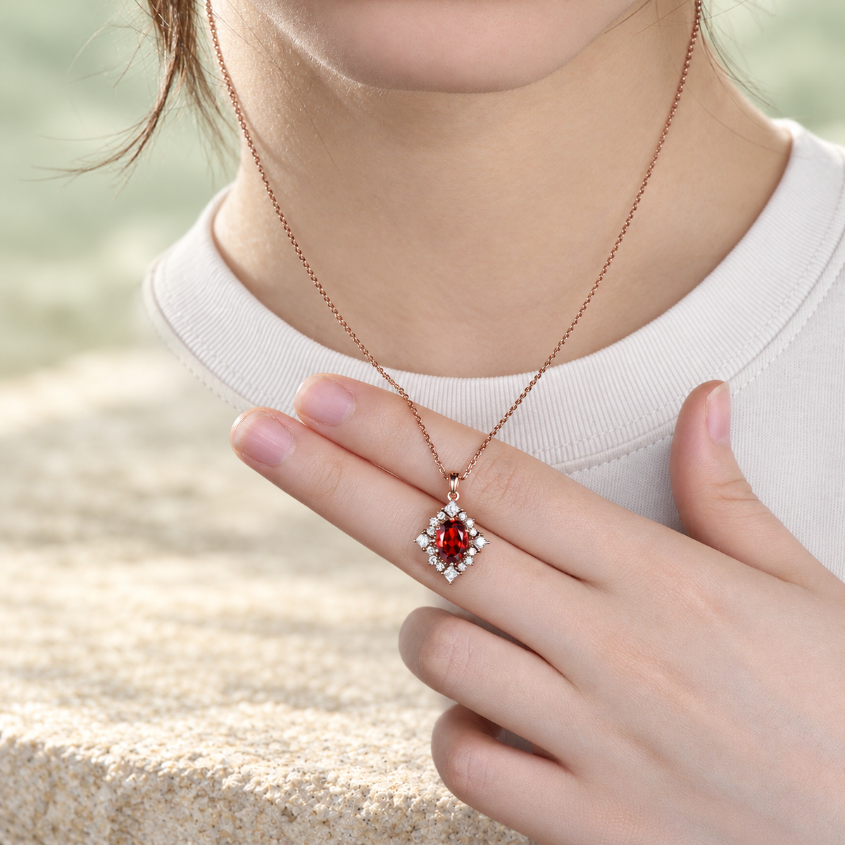 Oval Red Garnet Halo Pendant Necklace — detail 2